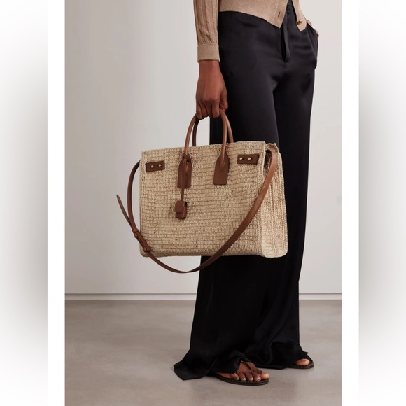 Saint Laurent Medium Sac De Jour Raffia Beige Brown Shoulder Top Handle Tote Bag - Picture 10 of 16